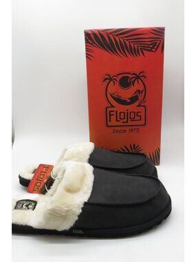 Flojos Mens Lynx Black Slippers Size 14 Faux Fur Lining NEW